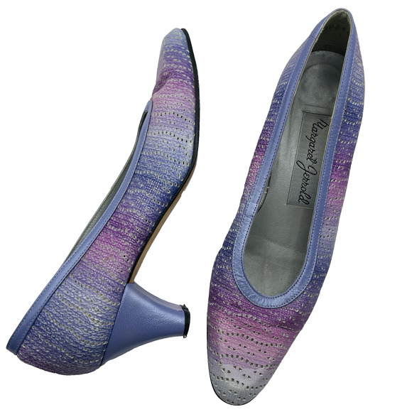 Margaret Jerrold Size 6.5 Leather High Heels Purple Slip On Shoes Block Heel - Picture 1 of 7